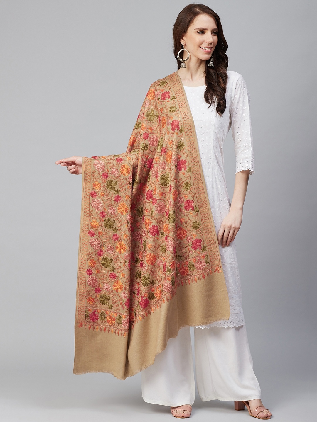 

WEAVERS VILLA Women Beige & Pink Aari Work Embroidered Shawl