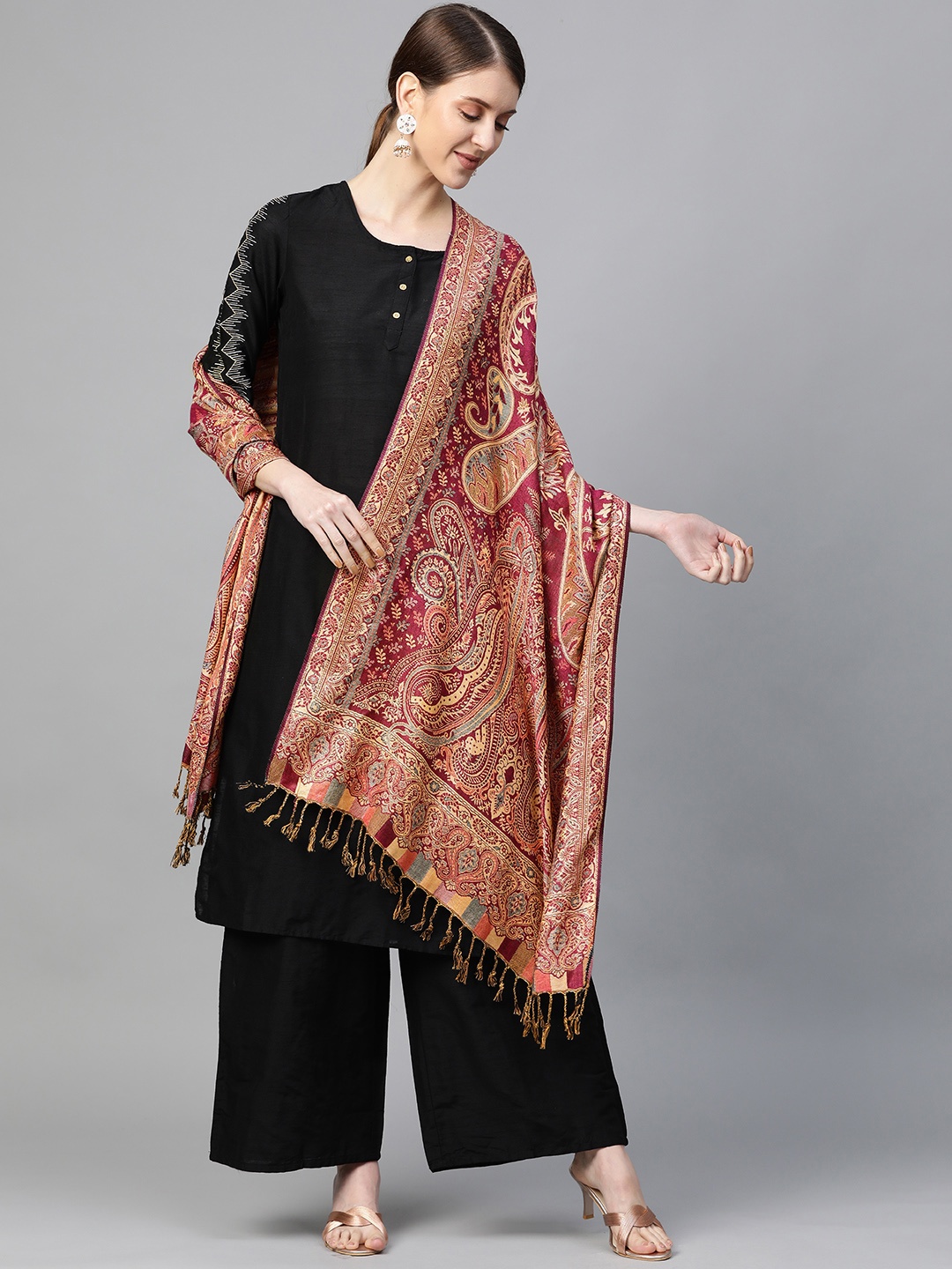 

WEAVERS VILLA Women Pink & Beige Woven Design Tasselled Stole