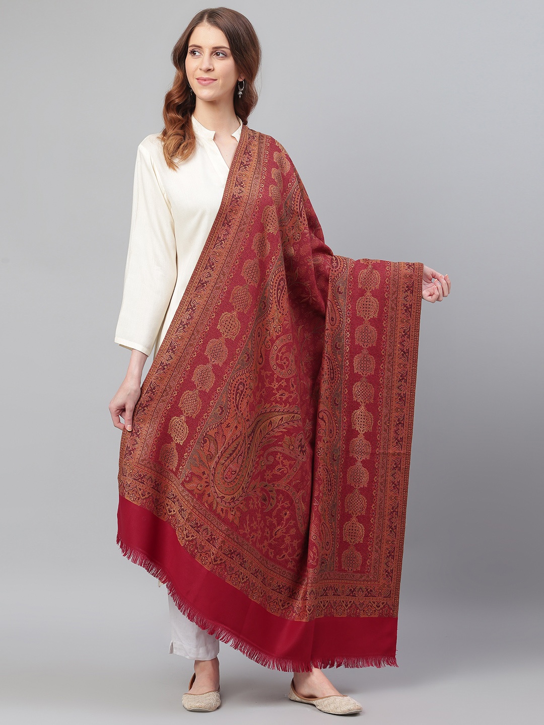 

WEAVERS VILLA Women Red & Orange Paisley Woven Design Shawl, Maroon