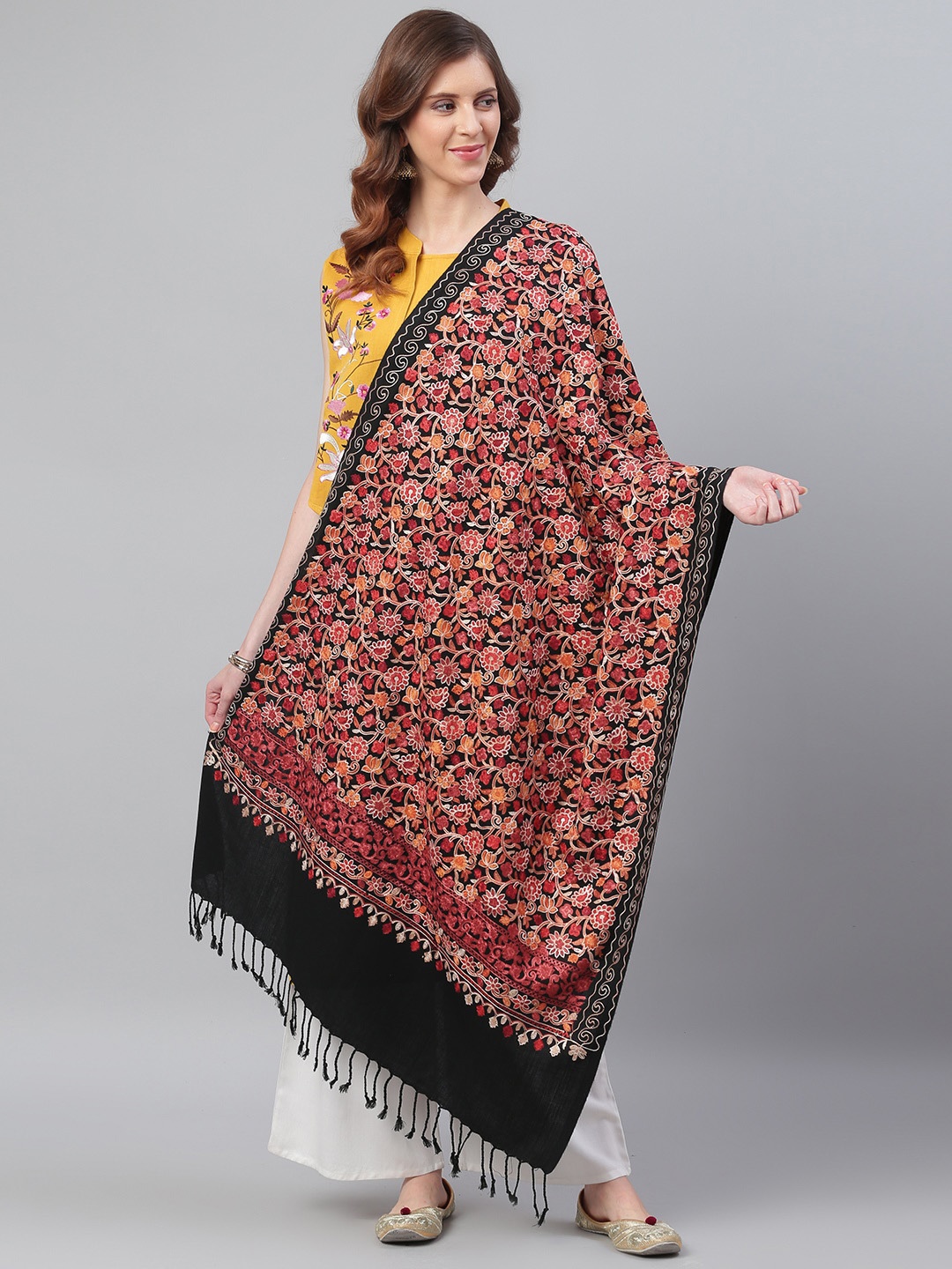 WEAVERS VILLA Women Black & Pink Embroidered Shawl