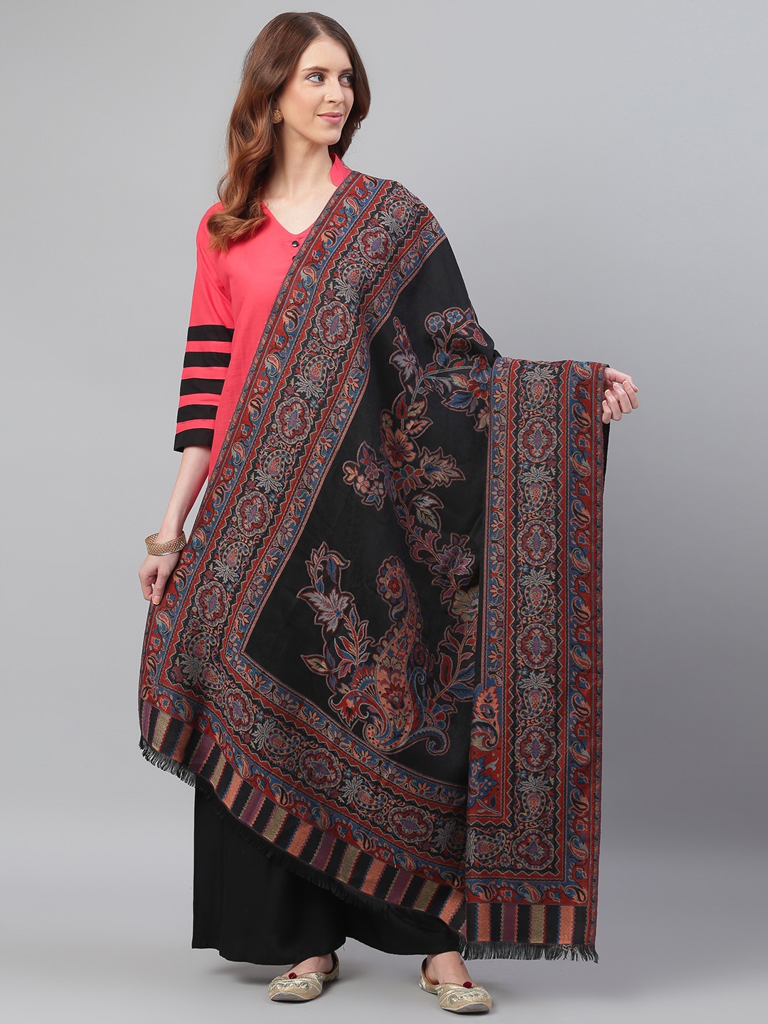 

WEAVERS VILLA Women Black & Maroon Woven Design Shawl