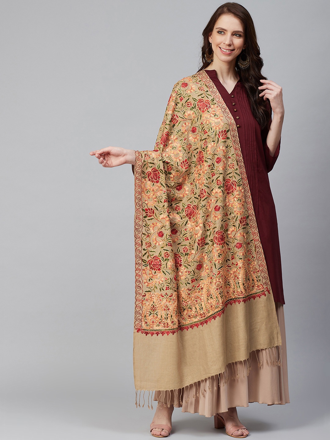 

WEAVERS VILLA Women Beige & Red Embroidered Shawl