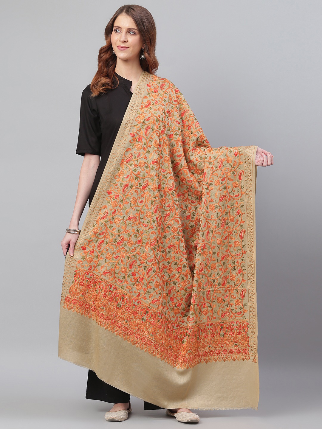 

WEAVERS VILLA Beige & Orange Paisley Embroidered Shawl