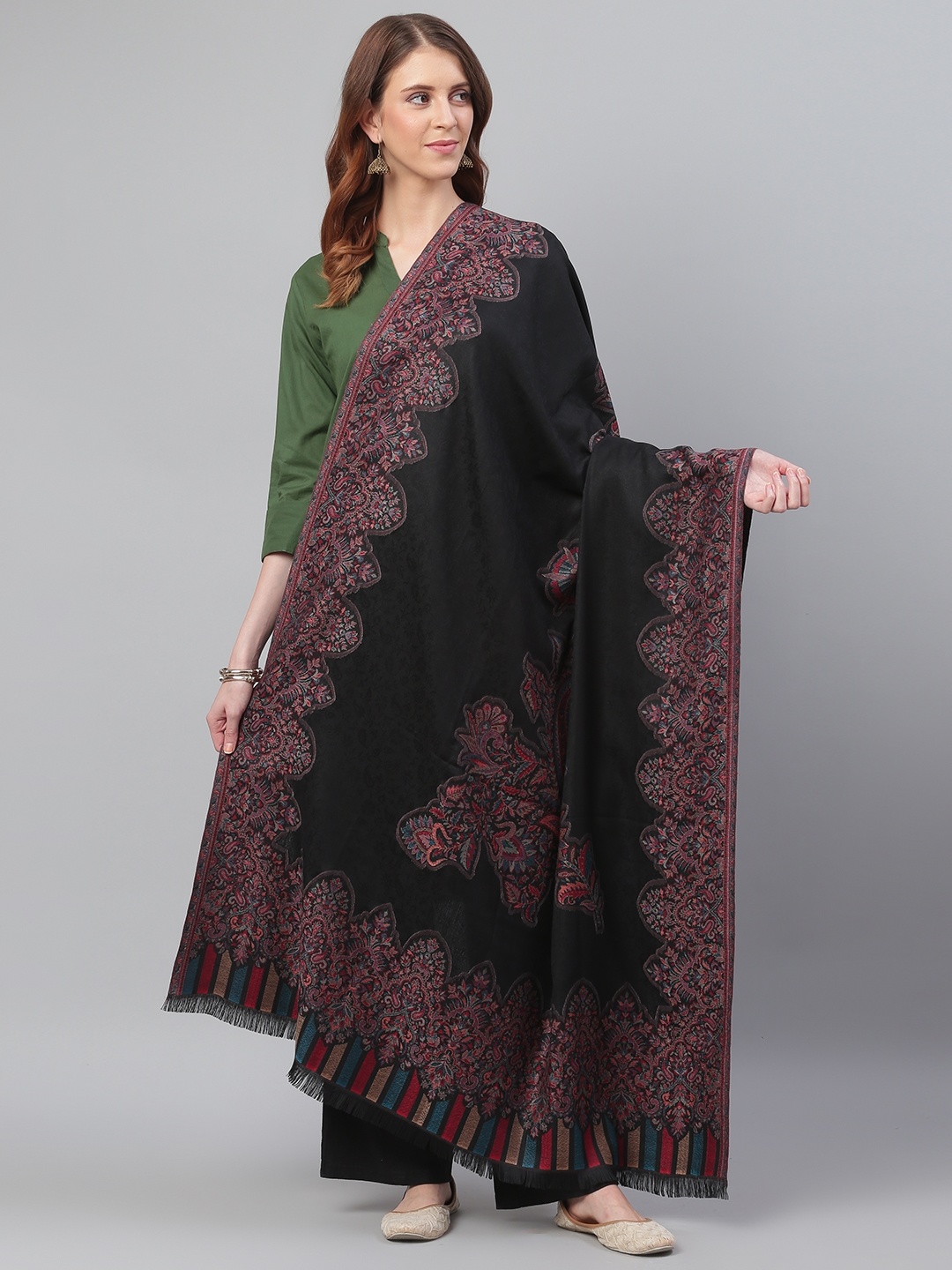 

WEAVERS VILLA Women Black & Pink Woven Design Shawl