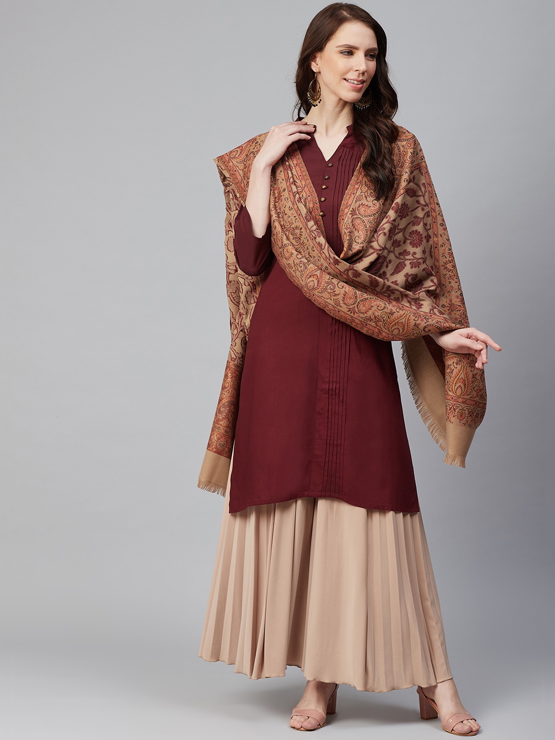 

WEAVERS VILLA Women Beige & Maroon Woven Design Shawl