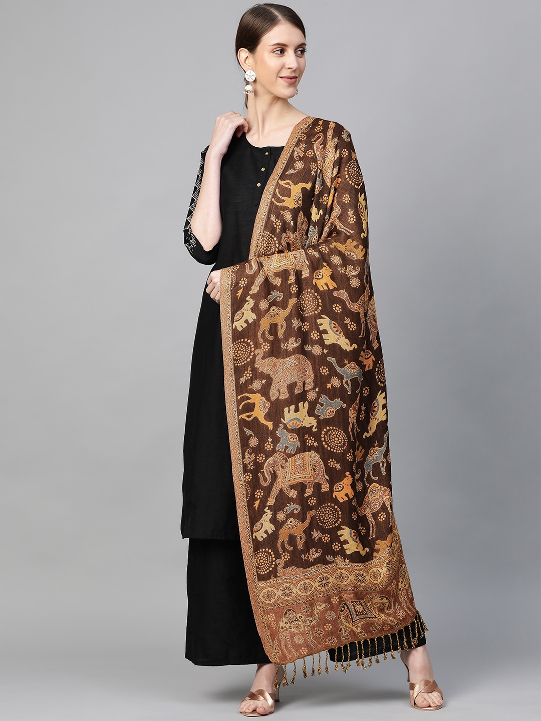 

WEAVERS VILLA Women Brown & Beige Woven Design Tasselled Stole