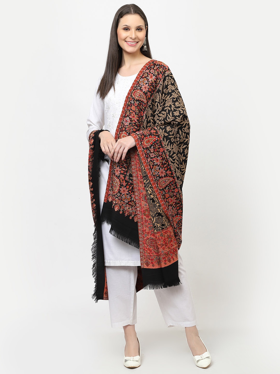 

WEAVERS VILLA Women Black & Beige Woven Design Shawl