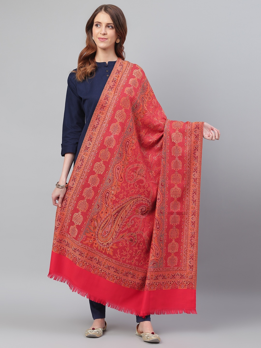 

WEAVERS VILLA Women Coral Red & Beige Woven Design Shawl
