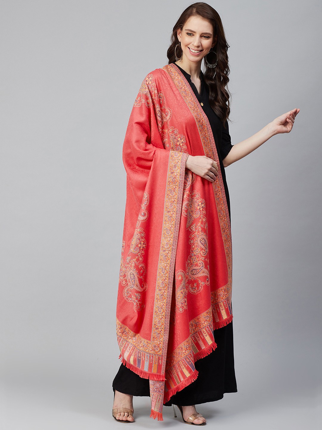 

WEAVERS VILLA Women Pink & Beige Paisley Woven Design Shawl