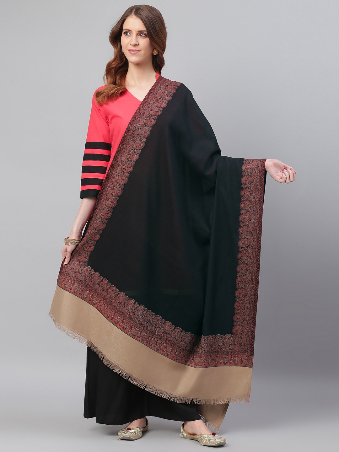 

WEAVERS VILLA Women Black & Maroon Woven Design Detail Shawl