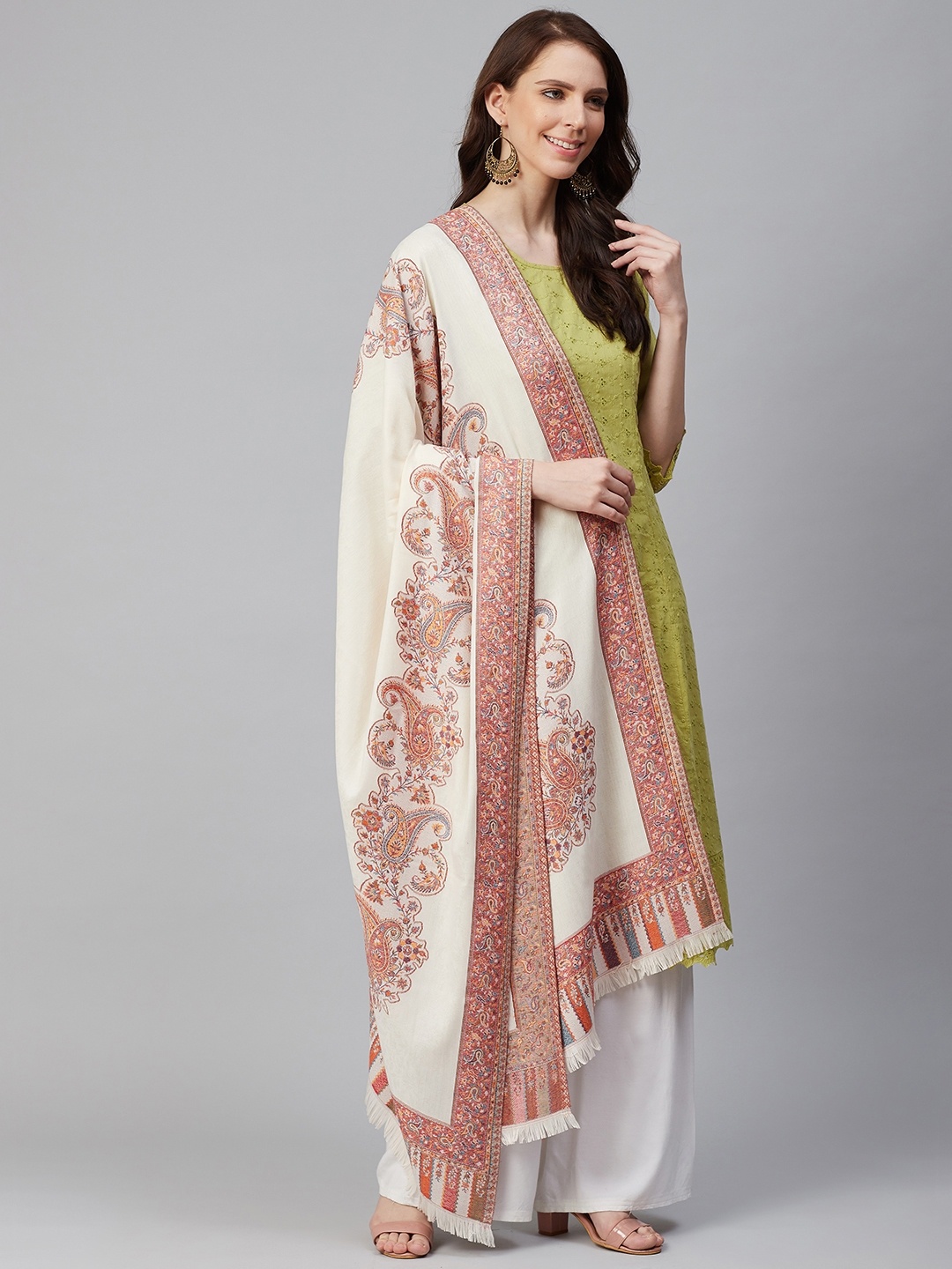 

WEAVERS VILLA Women Off-White & Red Woven Design Shawl