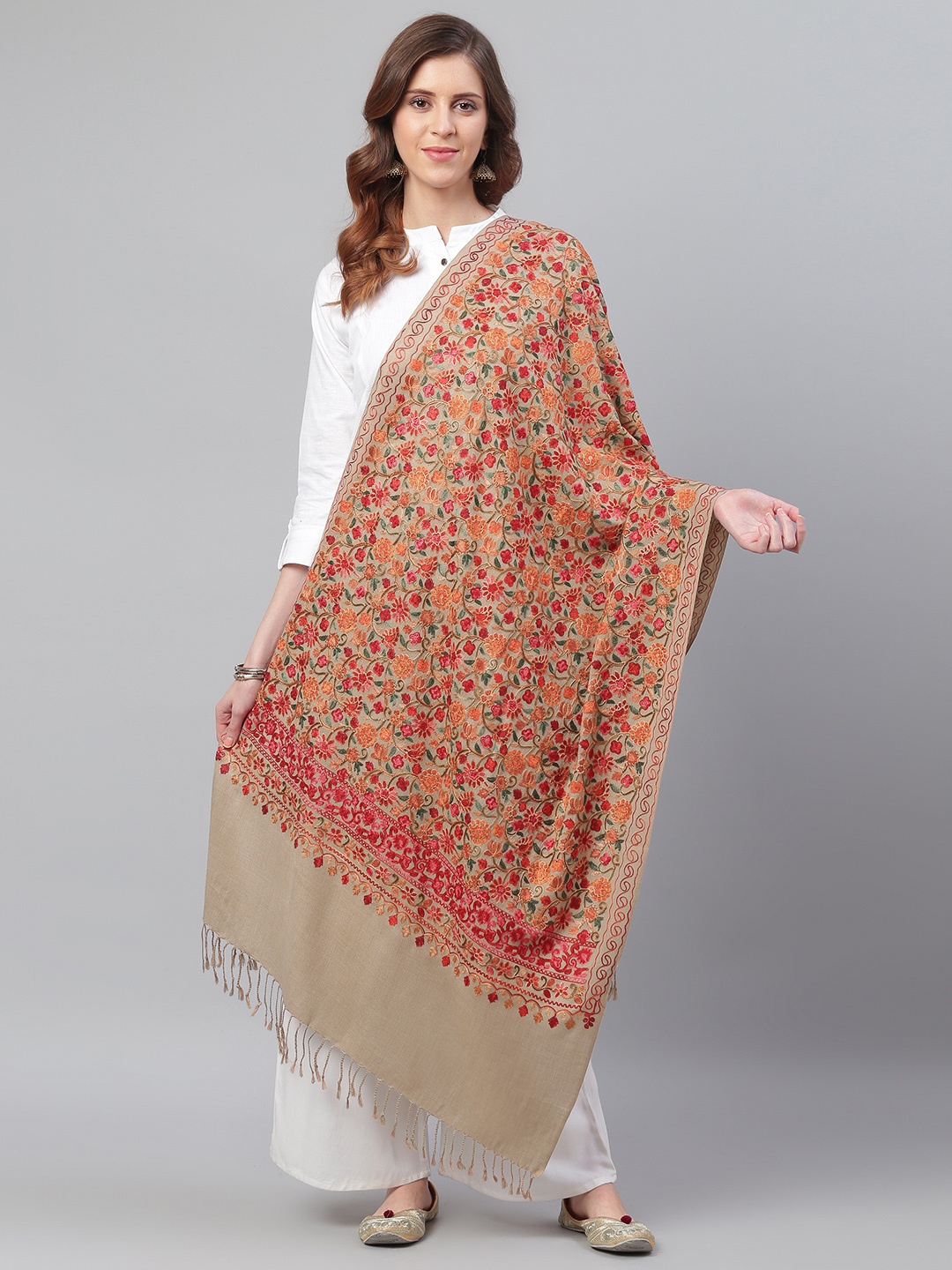 

WEAVERS VILLA Women Beige & Pink Embroidered Shawl