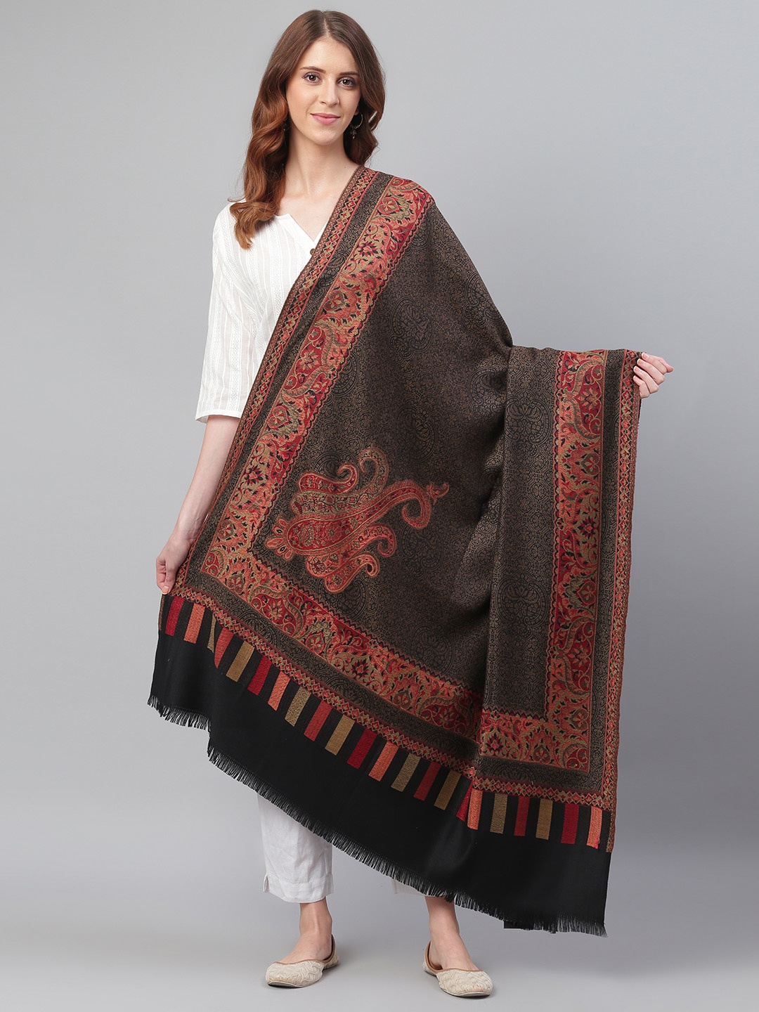

WEAVERS VILLA Women Black & Olive Brown Woven Design Shawl