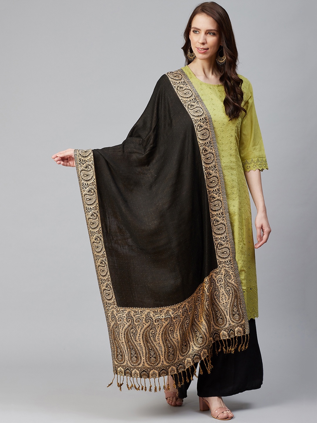 

WEAVERS VILLA Women Black & Beige Woven Design Stole