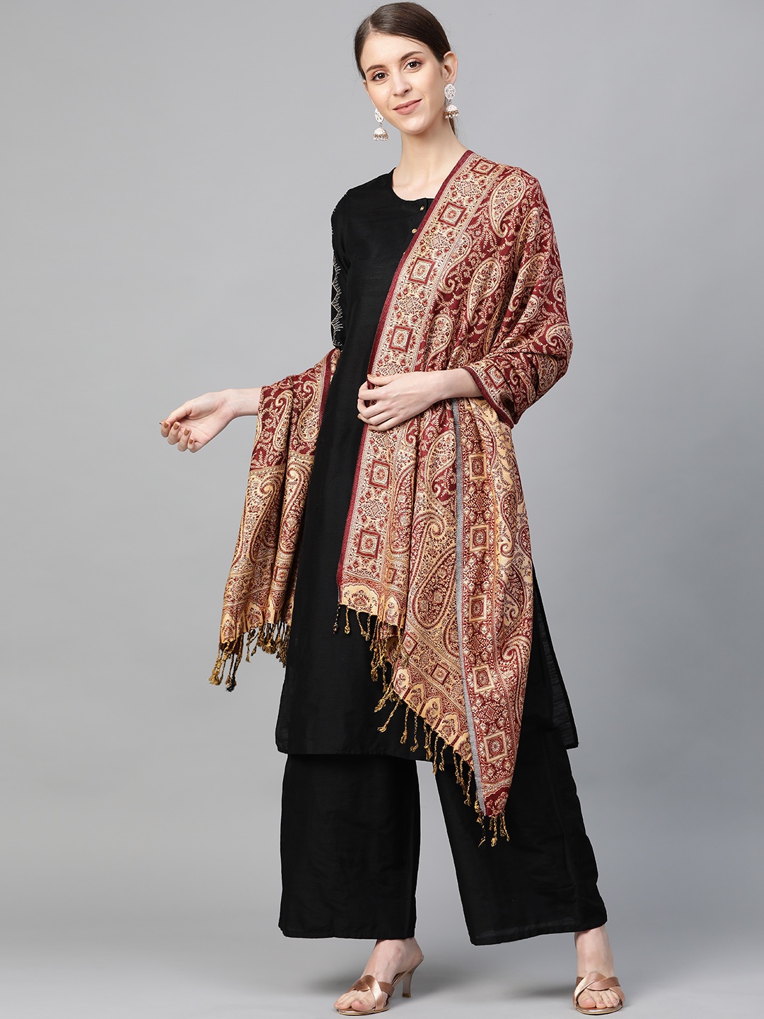 

WEAVERS VILLA Women Maroon & Beige Paisley Woven Design Tasselled Stole