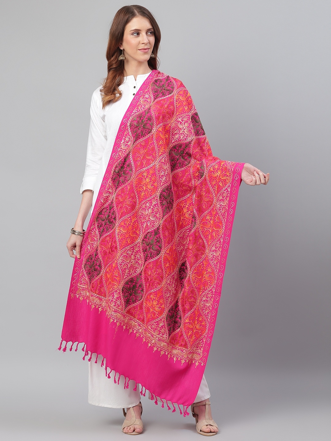 

WEAVERS VILLA Women Pink & Green Embroidered Shawl