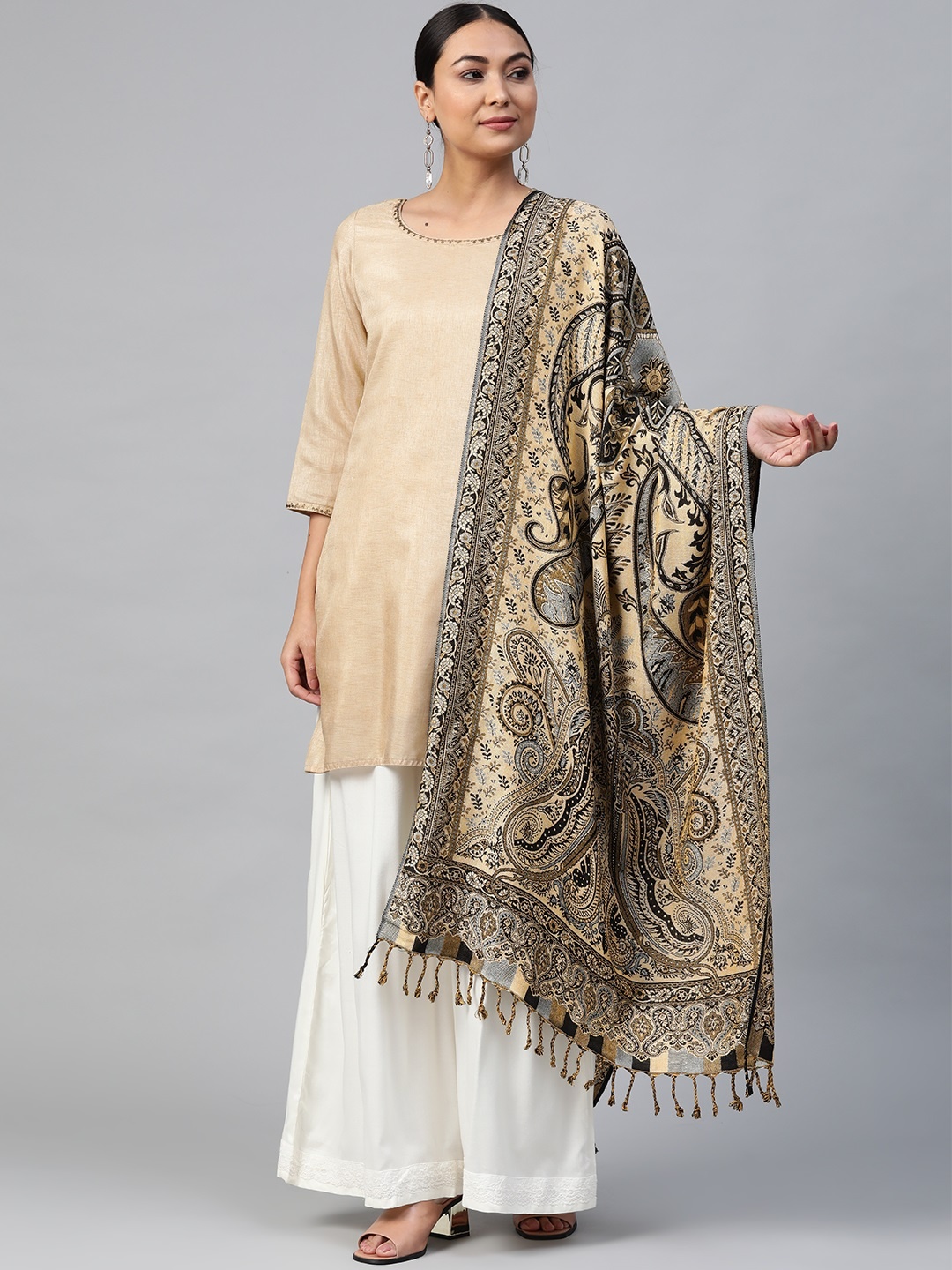 

WEAVERS VILLA Women Beige & Black Paisley Woven Design Stole