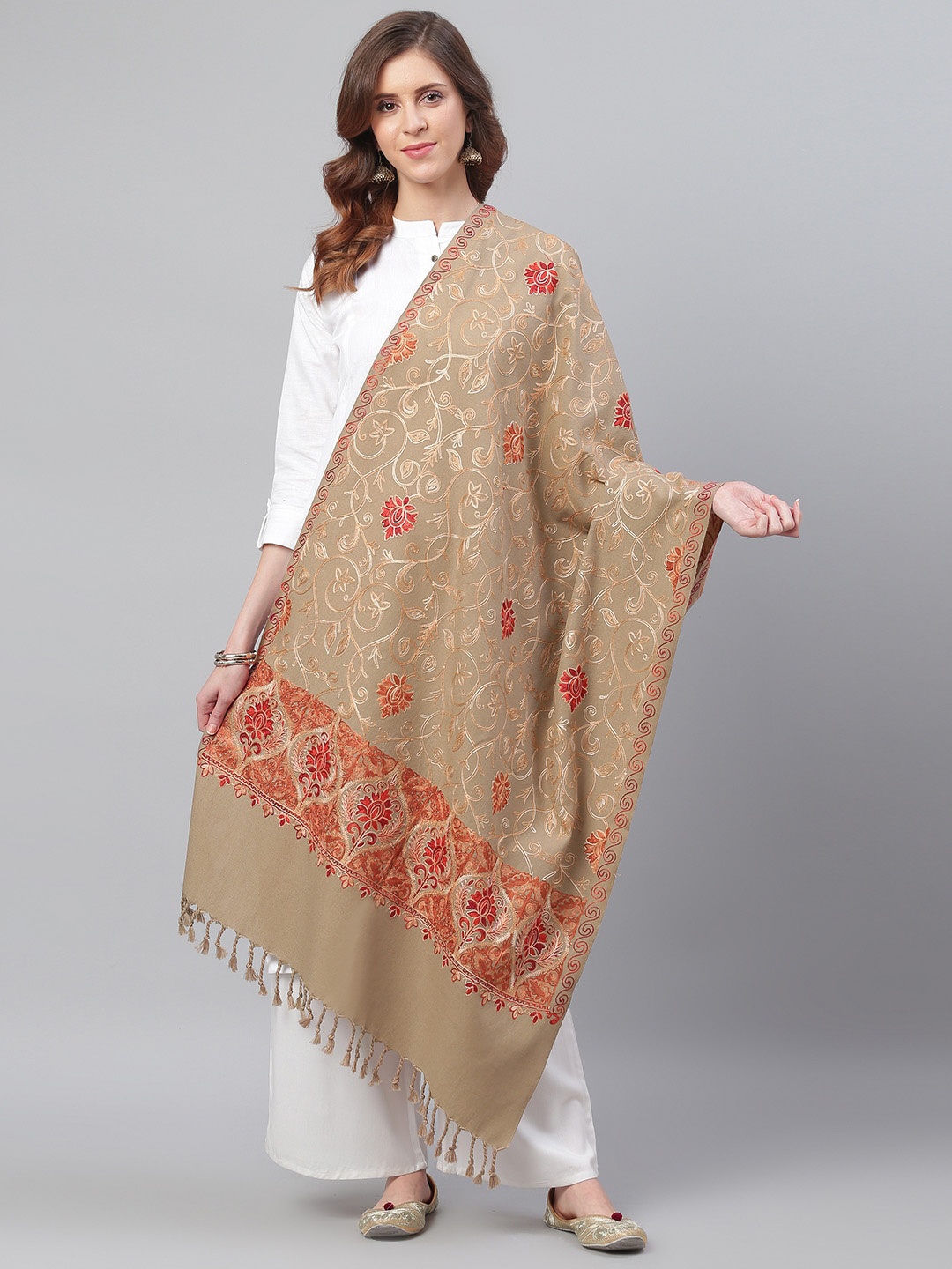 

WEAVERS VILLA Women Beige & Red Embroidered Shawl