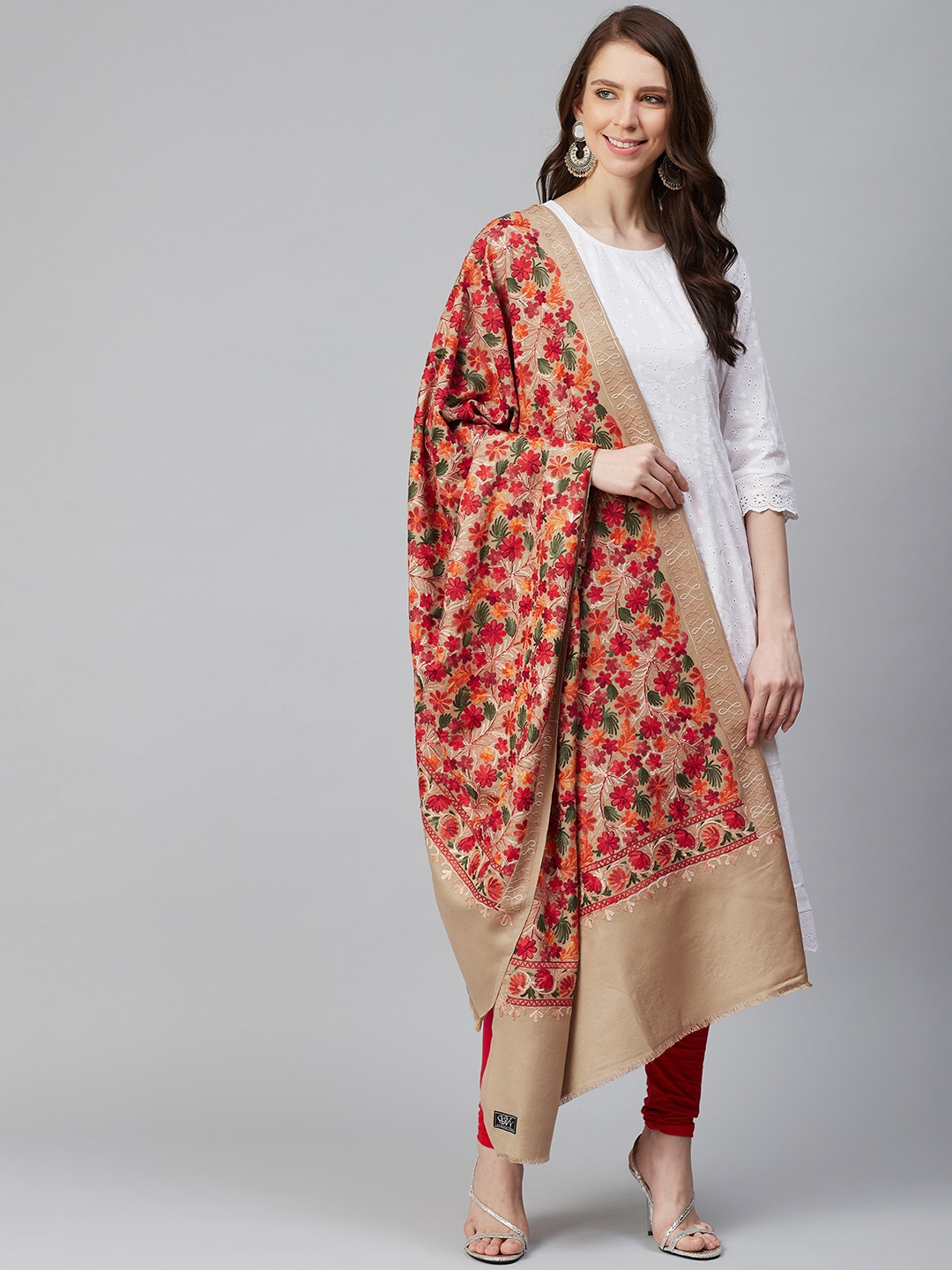 

WEAVERS VILLA Women Beige & Red Embroidered Shawl
