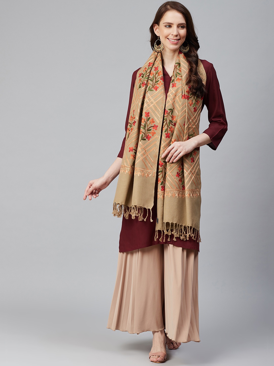 

WEAVERS VILLA Women Beige & Red Embroidered Shawl
