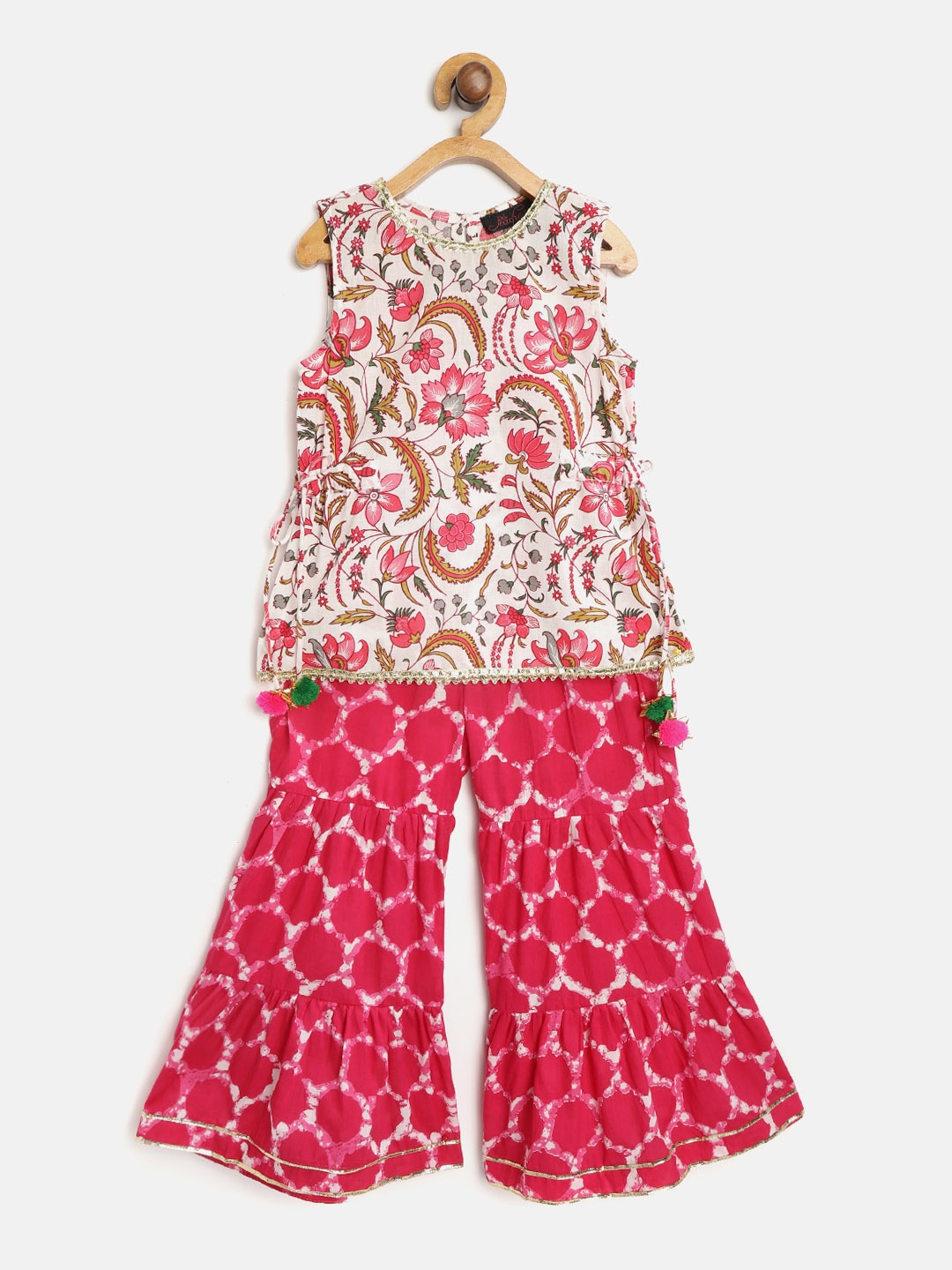 

pspeaches Girls White & Magenta Floral Print Kurta with Sharara