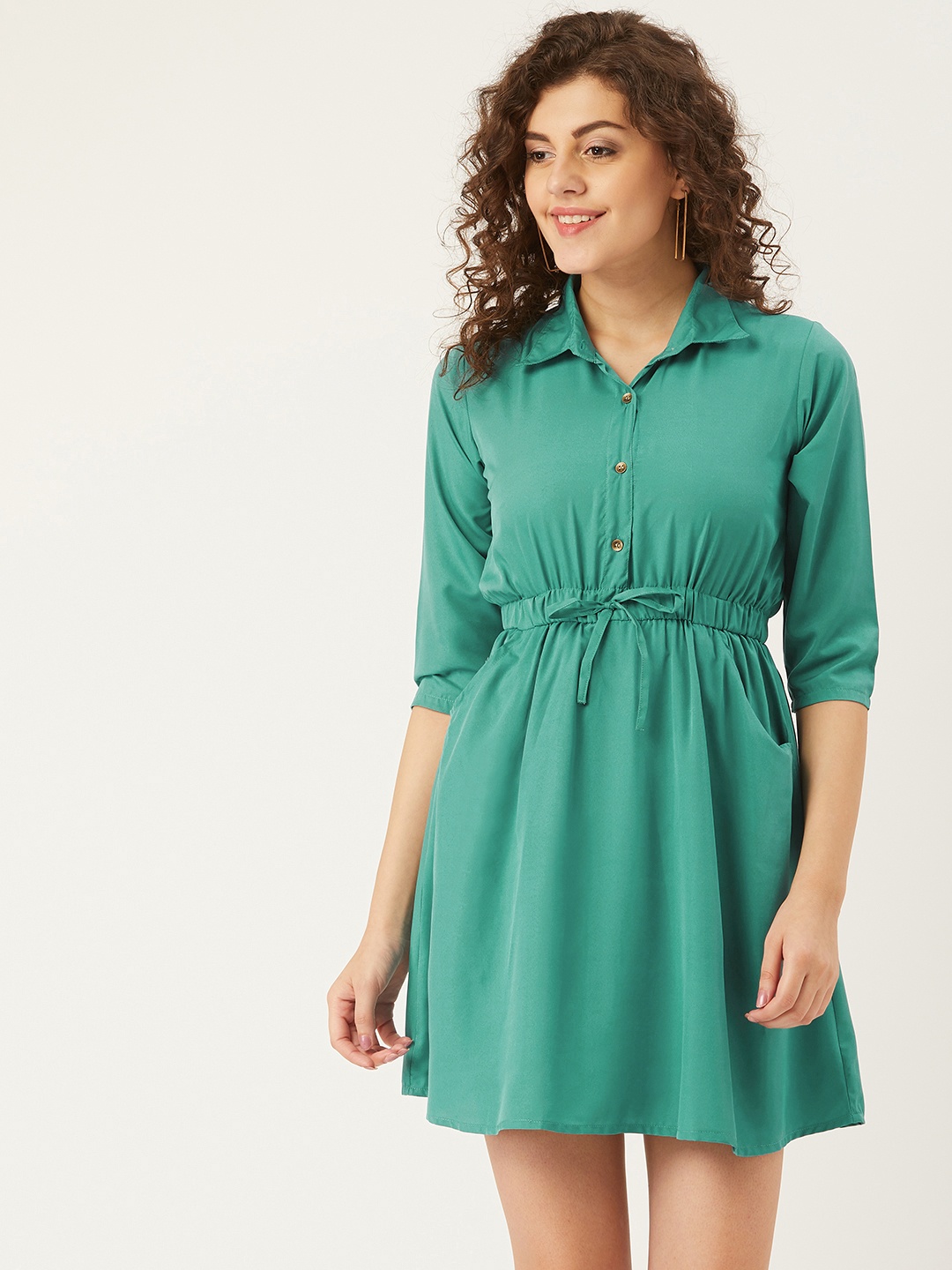 

U&F Women Sea Green Solid A-Line Dress
