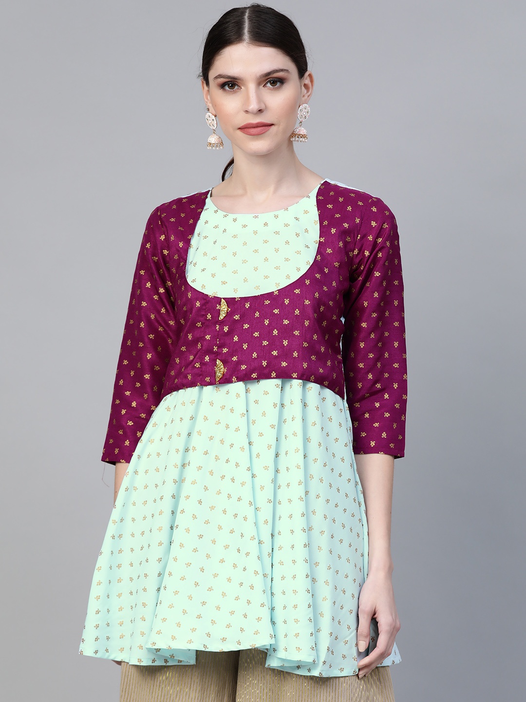 

Ahalyaa Ethnic Motifs Printed Gotta Patti Pleated Kurti, Sea green