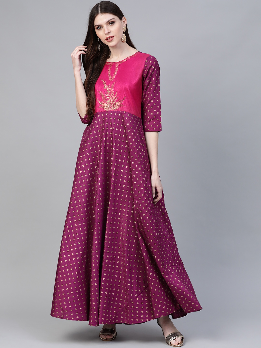 

Ahalyaa Women Purple & Golden Screen Printed Maxi Dress