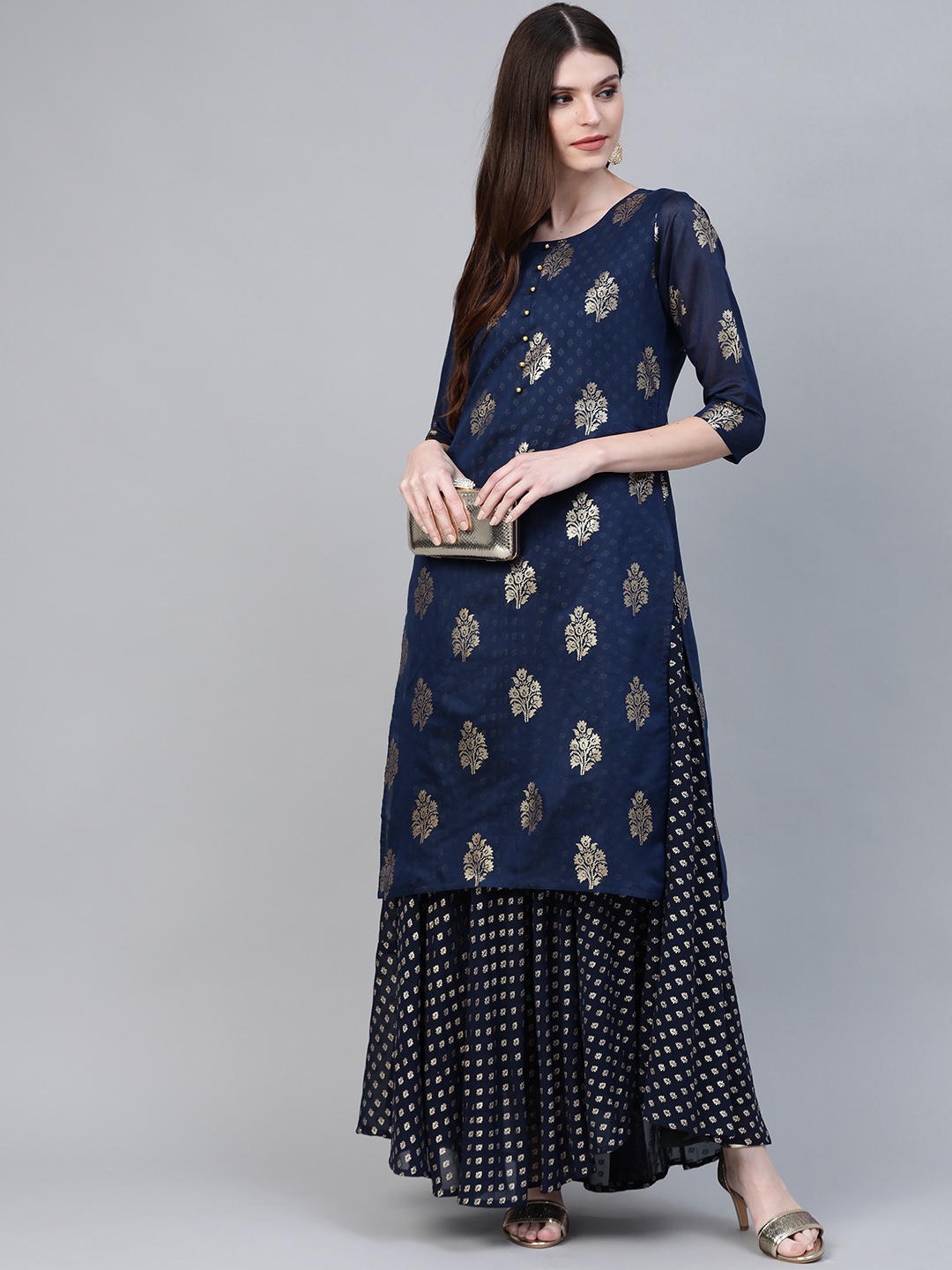 

Ahalyaa Women Navy Blue & Golden Foil Printed Layered Maxi Dress