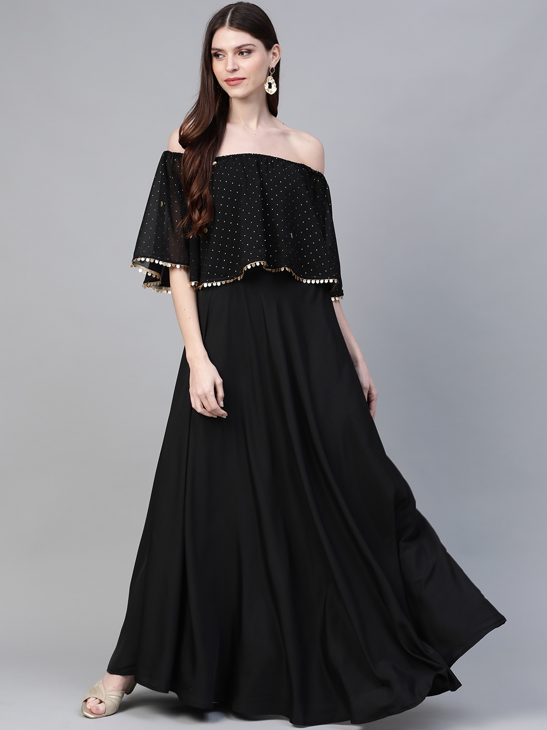 

Ahalyaa Women Black & Golden Foil Printed Detail Off-Shoulder Layered Maxi Dress
