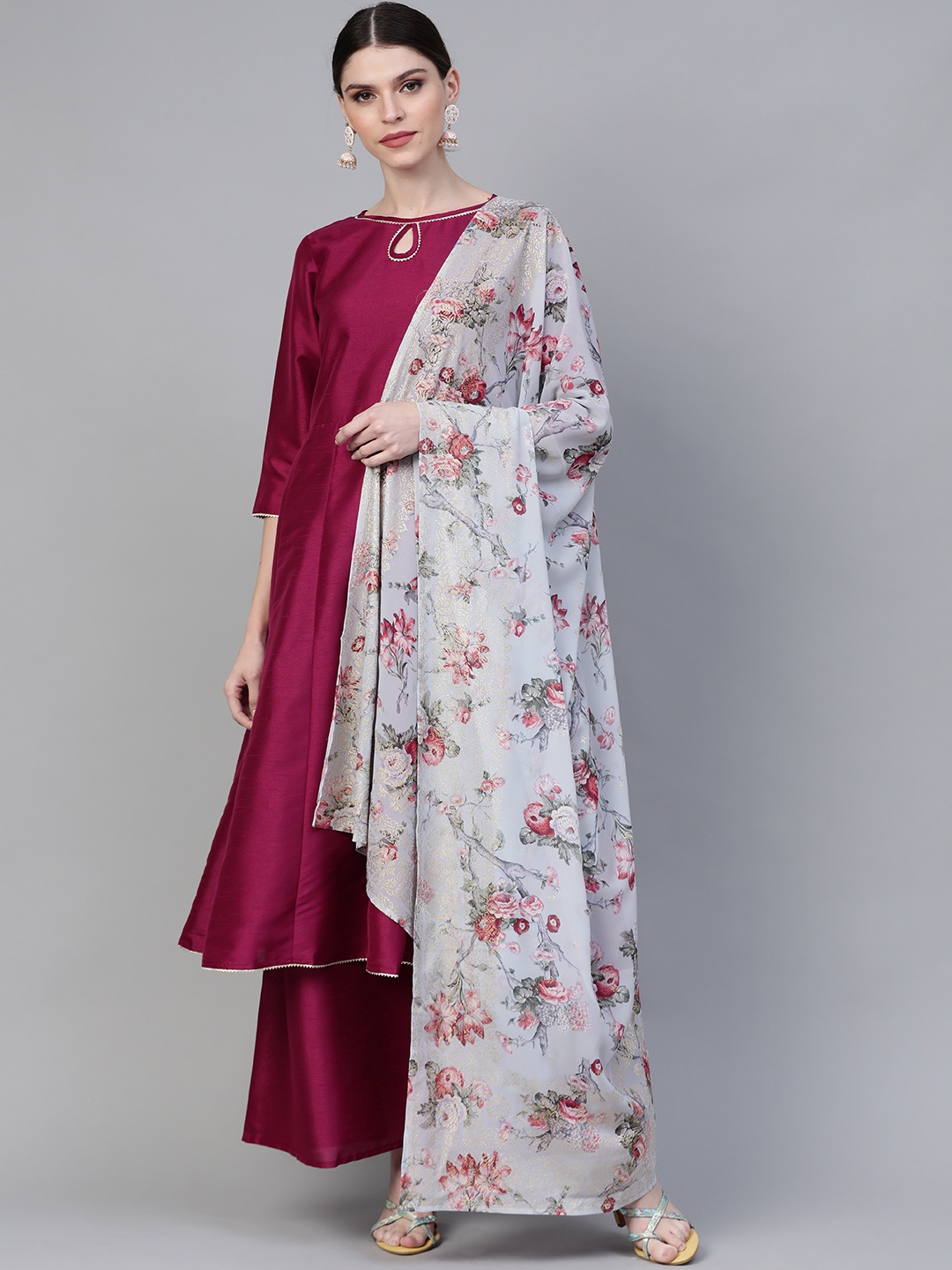 

Ahalyaa Women Solid Anarkali Kurta with Palazzos & Floral Dupatta, Burgundy