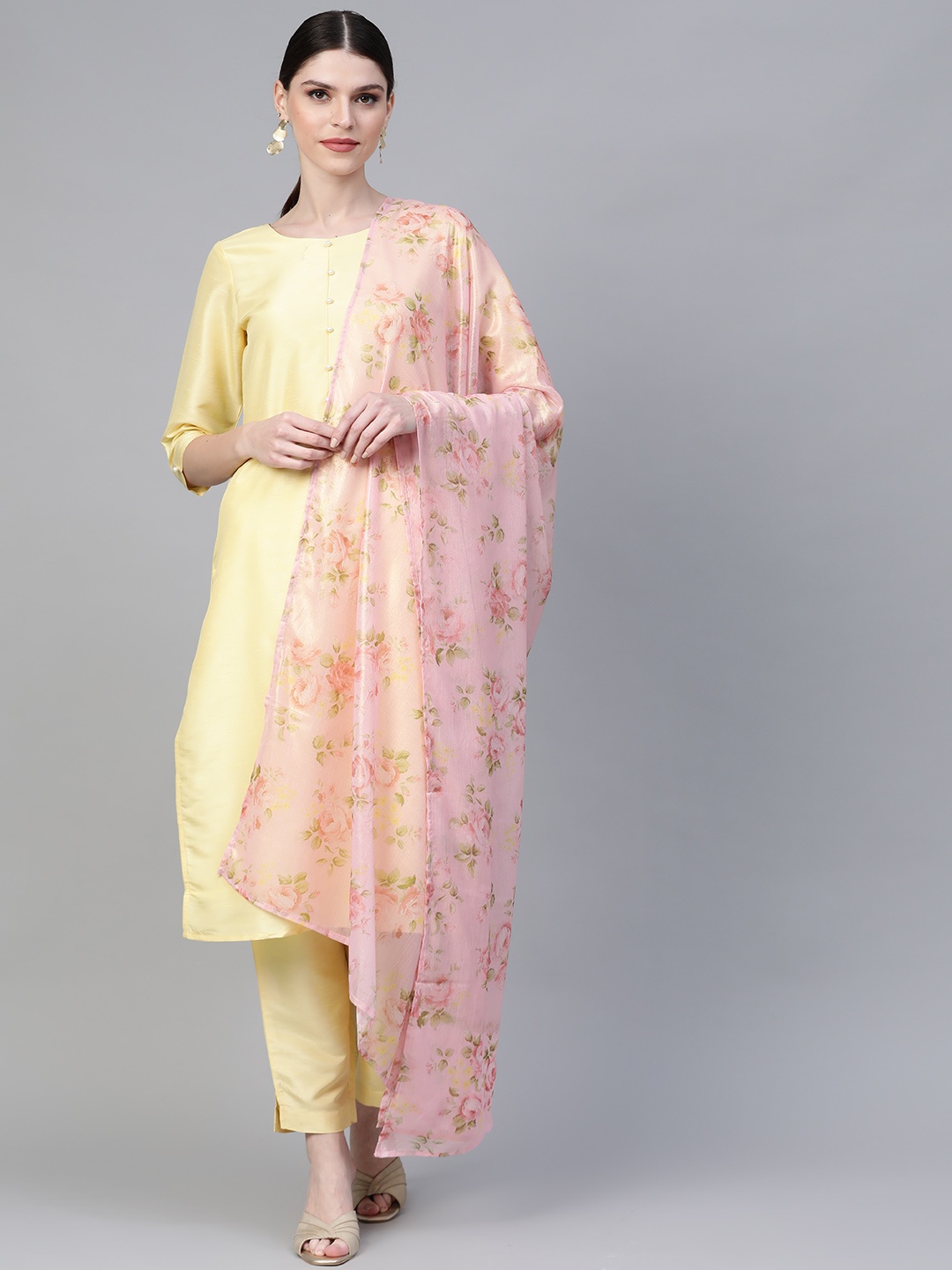 

Ahalyaa Women Yellow & Pink Solid Kurta with Trousers & Floral Dupatta