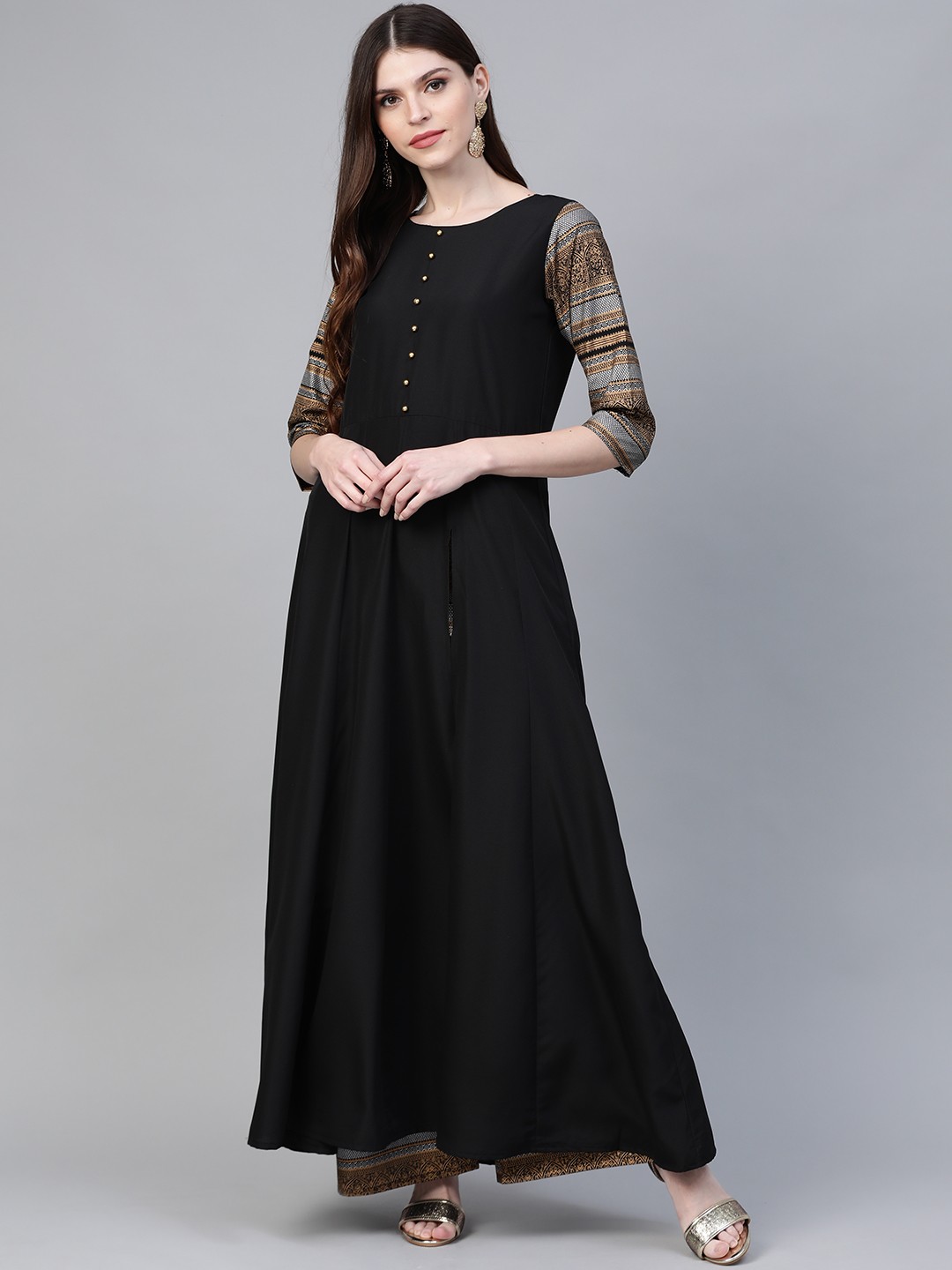 

Ahalyaa Women Black & Golden High Slit Screen Print Solid Anarkali Kurta with Palazzos