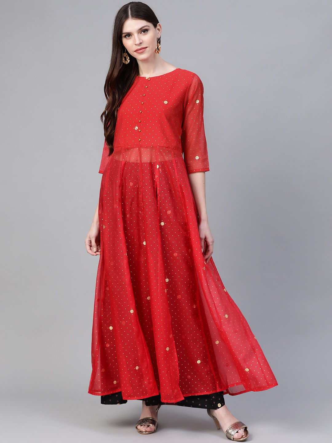 

Ahalyaa Women Red & Black Semi-Sheer High Slit Bandhani Khari Printed Anarkali Kurta Set