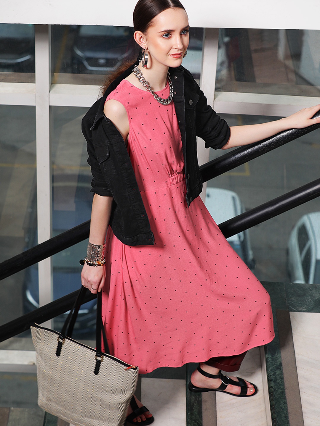 

Marks & Spencer Women Pink & Navy Star Print A-Line Dress