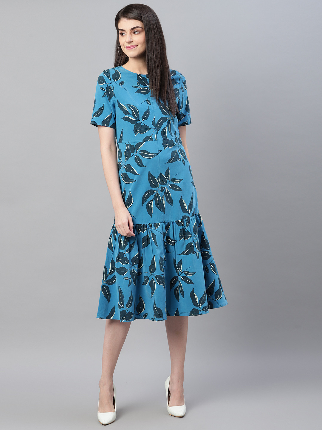 

Marks & Spencer Women Blue Leaf Print Drop-Waist Dress