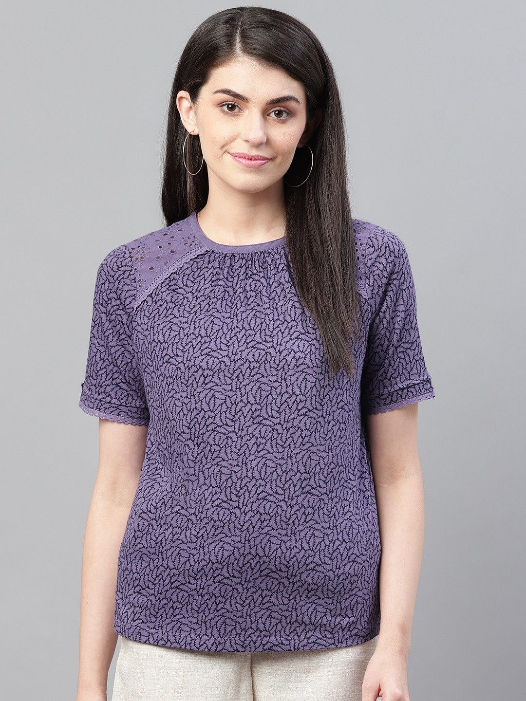 

Marks & Spencer Women Purple & Black Printed Pure Cotton Top