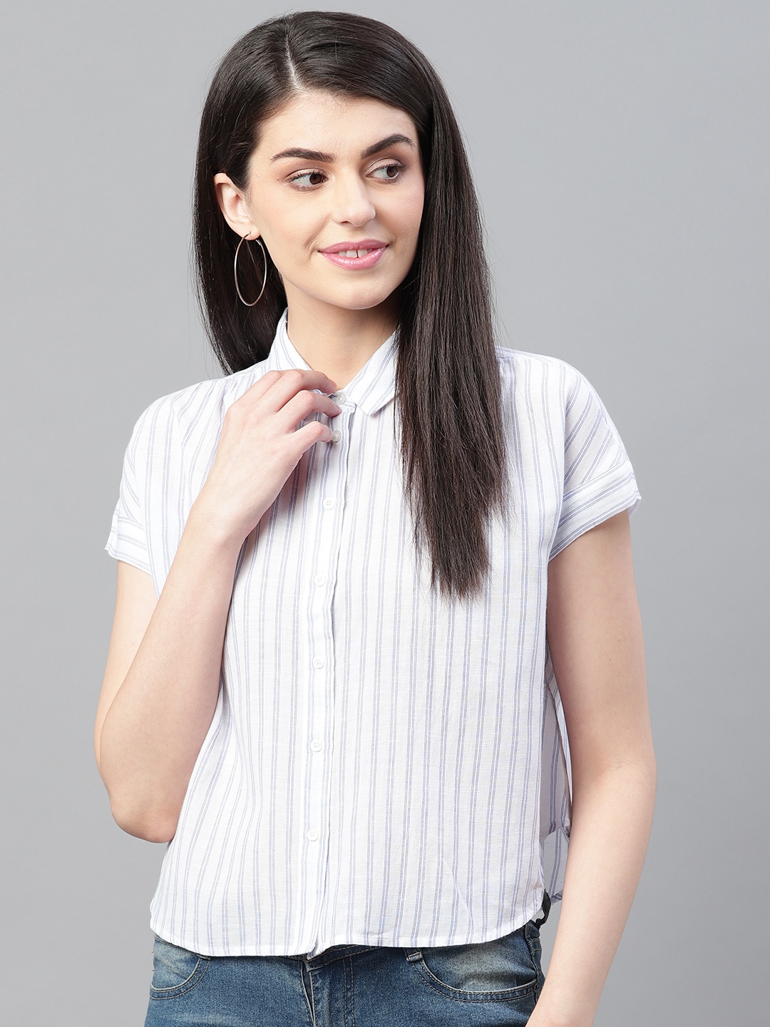 

Marks & Spencer Women White & Blue Regular Fit Striped Casual Shirt