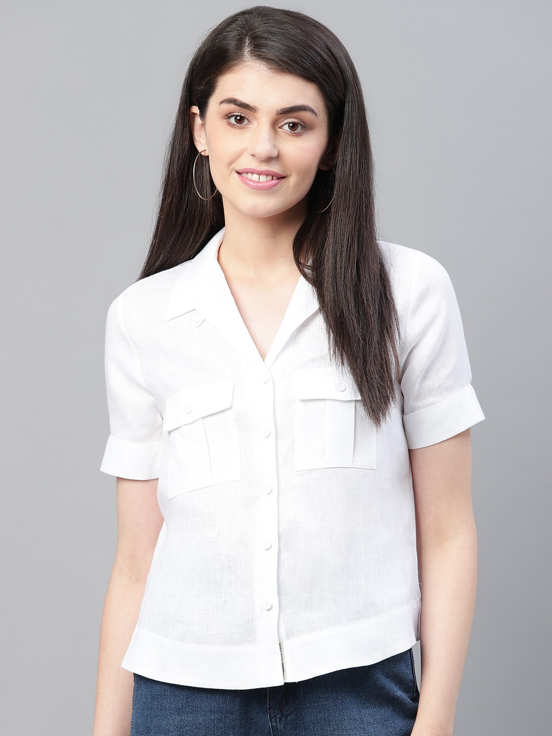 

Marks & Spencer Women White Linen Regular Fit Solid Casual Shirt