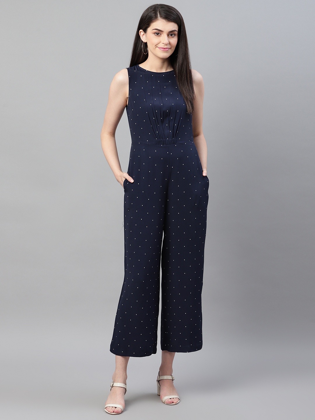 

Marks & Spencer Women Navy Blue & White Star Print Basic Cropped Jumpsuit