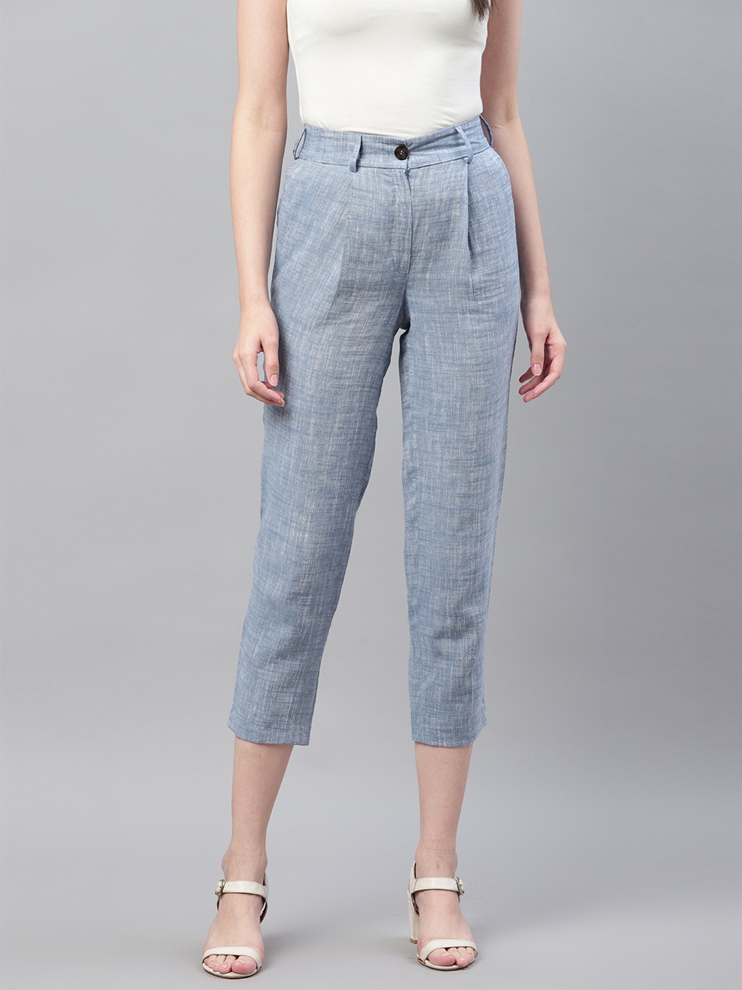 

Marks & Spencer Women Blue Tapered Fit Self Design Cropped Regular Trousers