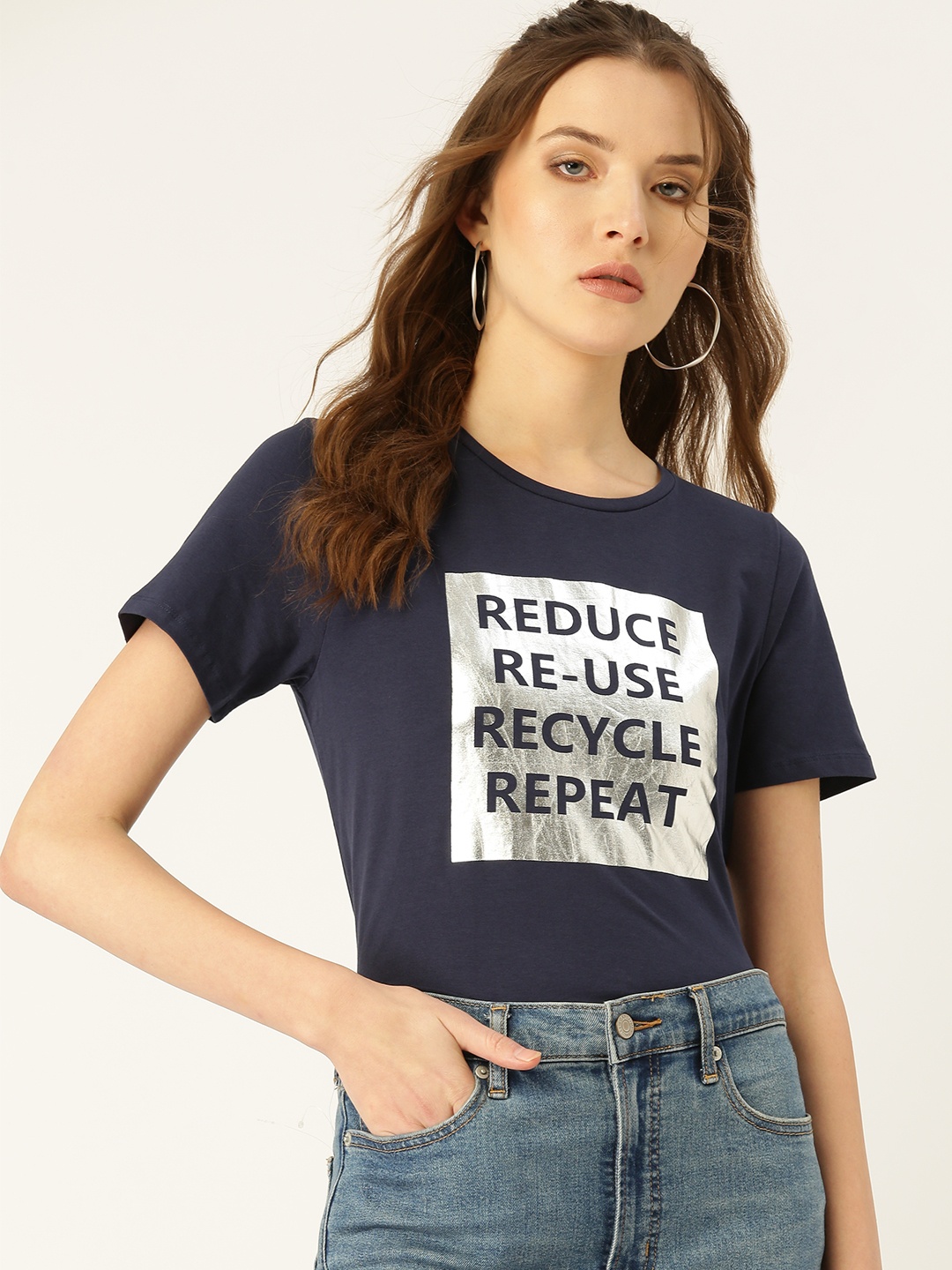 

COVER STORY Women Navy Blue & Silver Printed Round Neck T-shirt