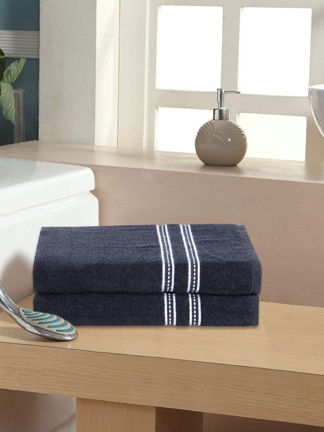 

ROMEE Unisex Set Of 2 Navy Blue & White Solid 400 GSM Bath Towels
