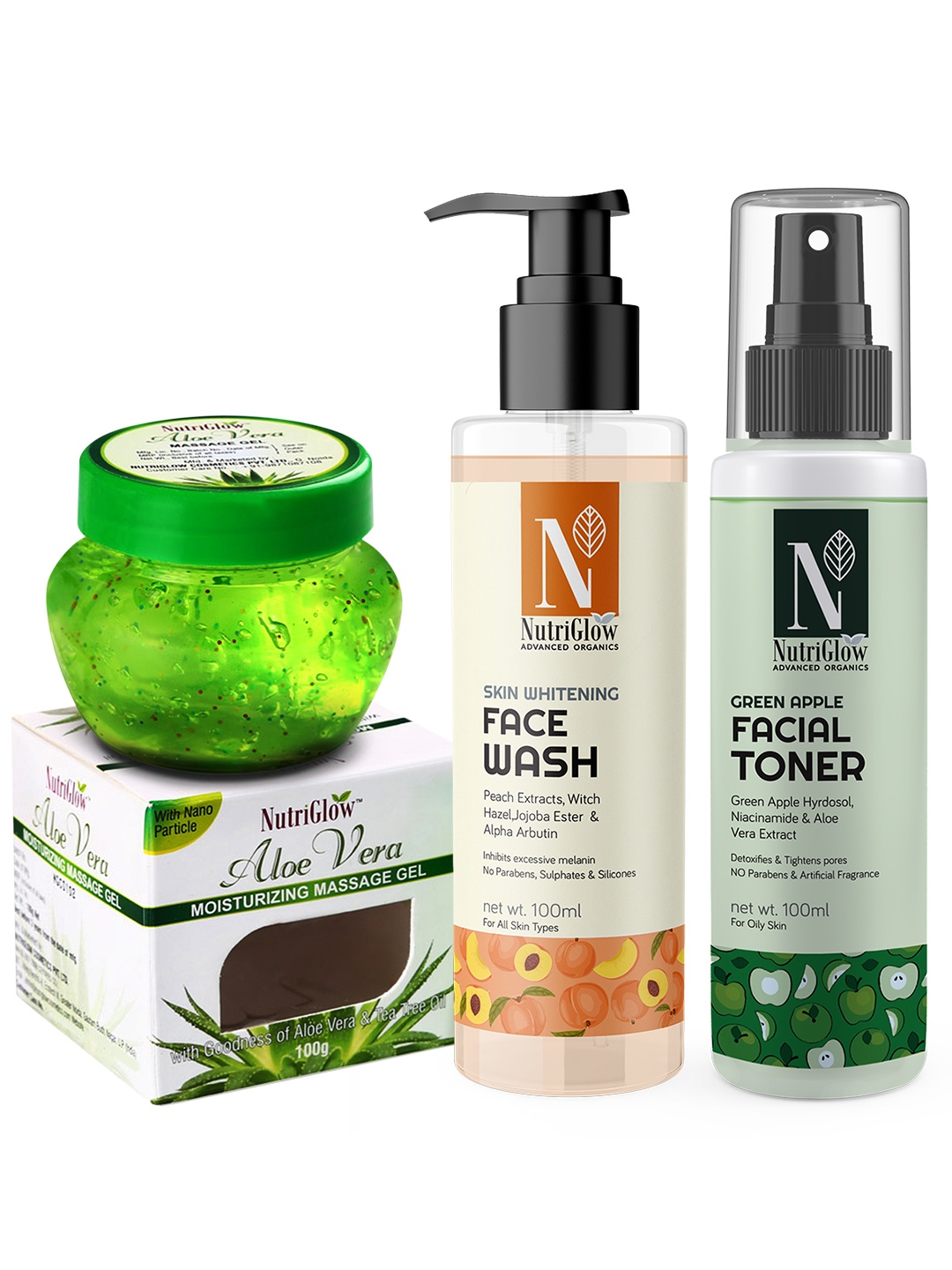 

Nutriglow Advanced Organics Set of Aloe Vera Massage Gel, Green Apple Toner & Skin Whitening Face Wash