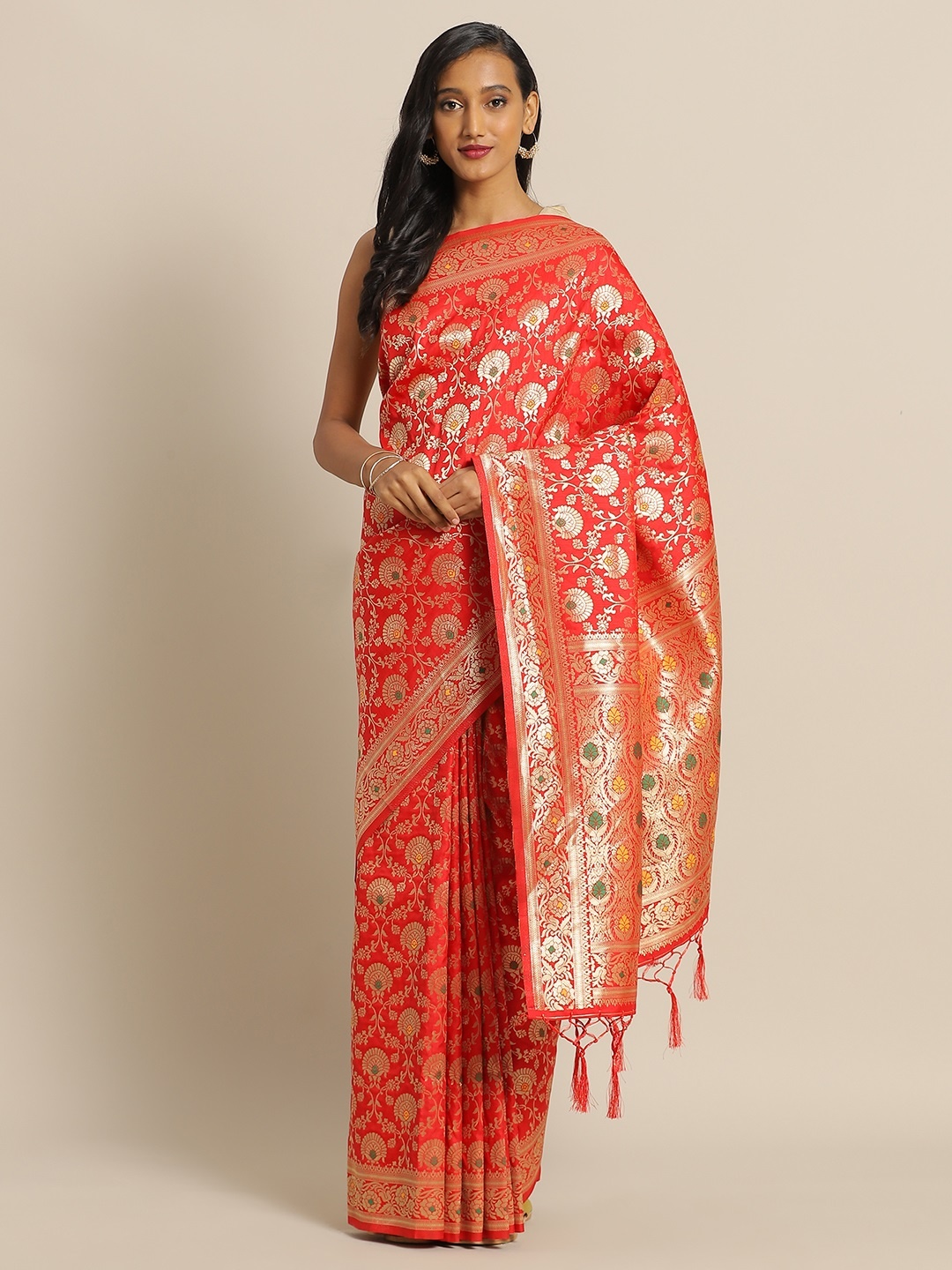 

flaher Red & Gold-Toned Brocade Woven Design Banarasi Saree