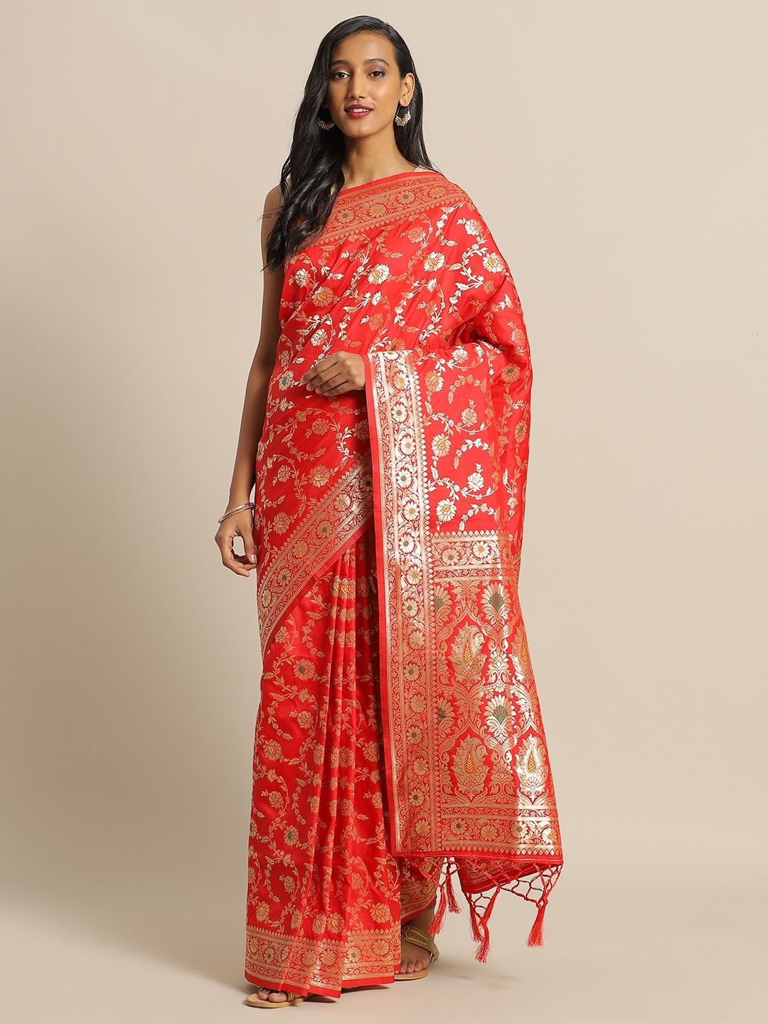 

flaher Red & Gold-Toned Brocade Woven Design Banarasi Saree