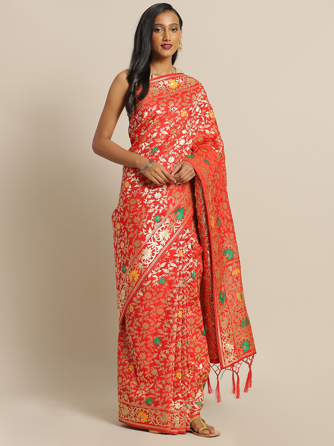 

flaher Red & Gold-Toned Brocade Woven Design Banarasi Saree