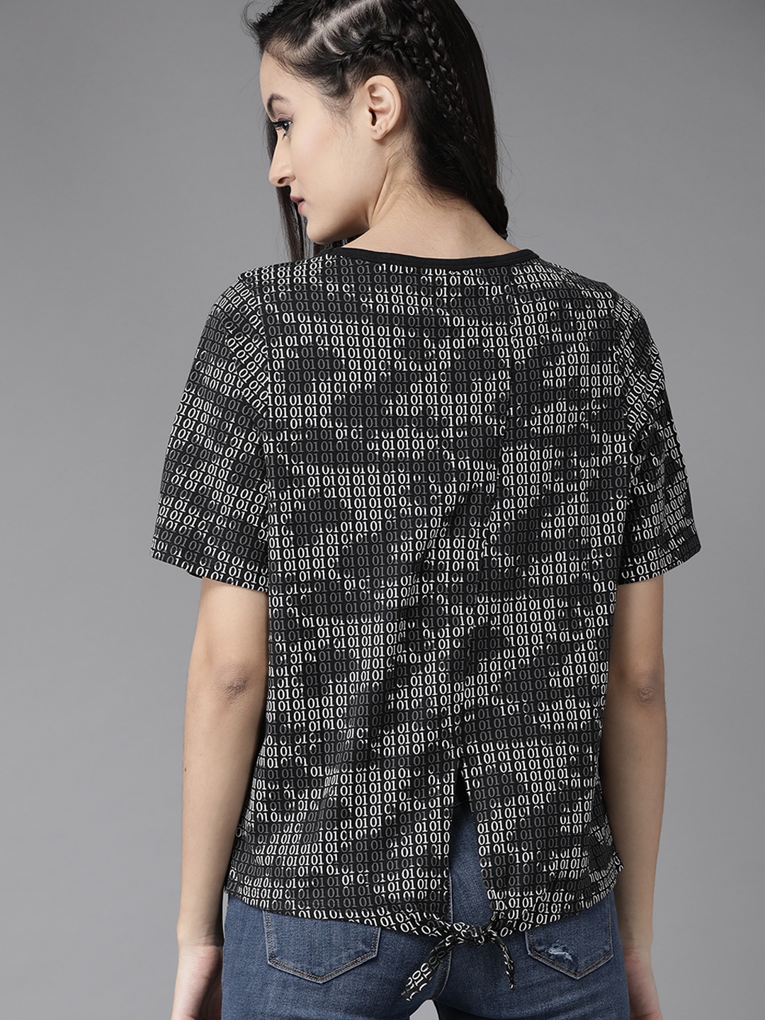 

Roadster Women Black & White Printed Styled Back Pure Cotton Top