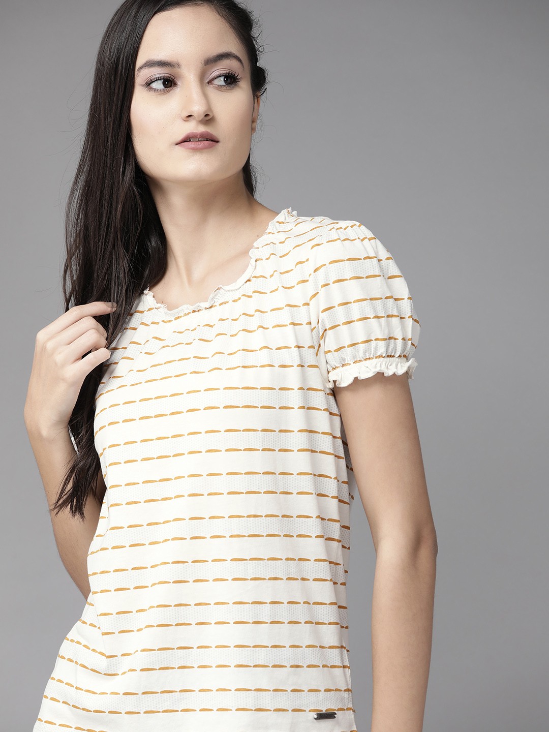 

Roadster Women Off-White & Mustard Yellow Pure Striped Pure Cotton Top