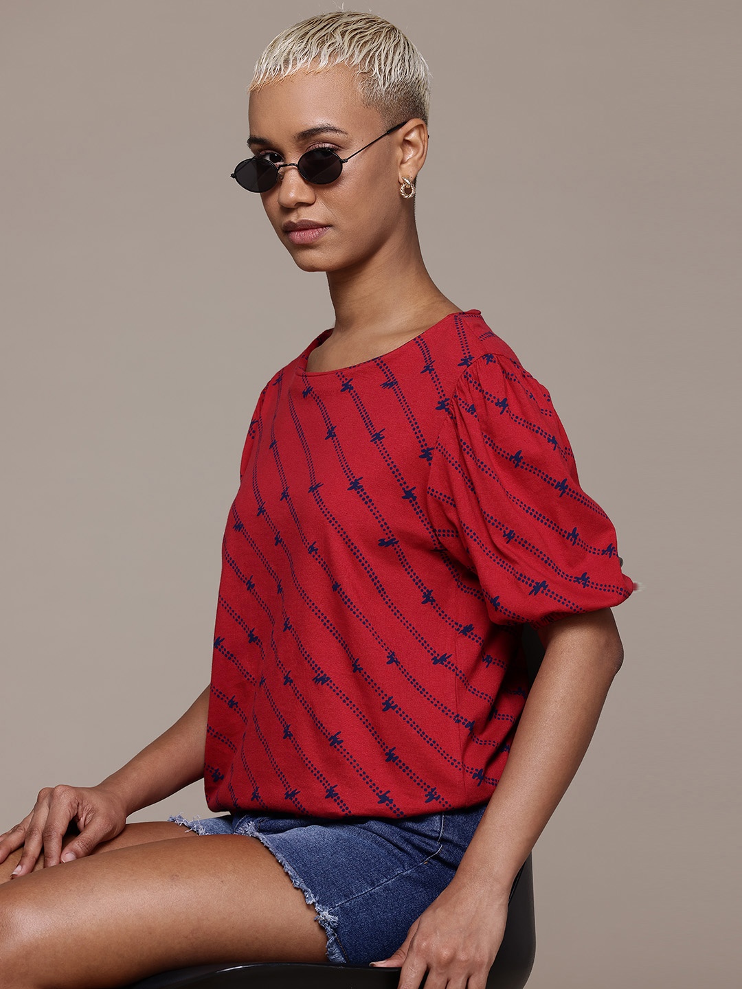 

The Roadster Lifestyle Co. Geometric Print Puff Sleeve Cotton Top, Red